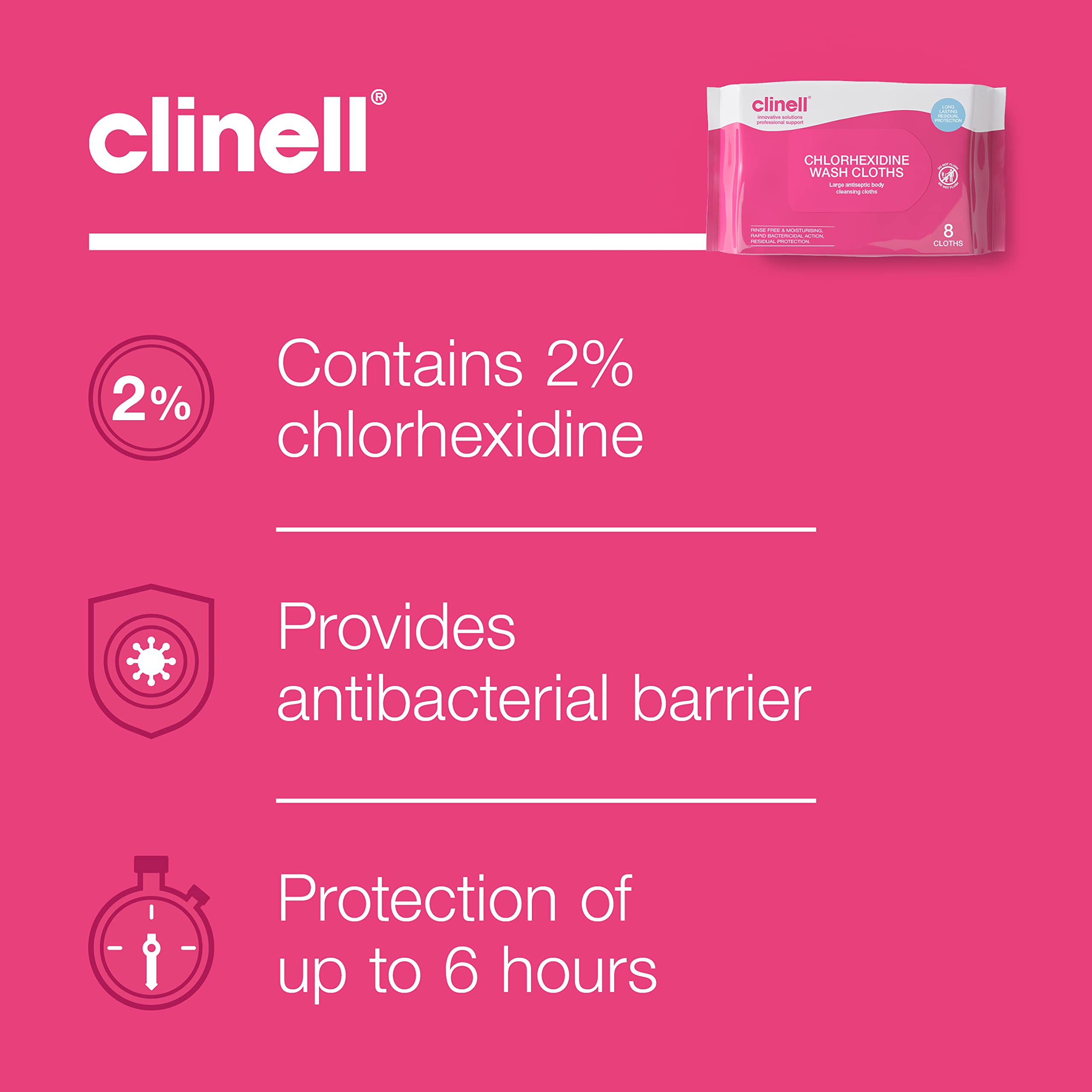 Clinell Chlorhexidine Wash Cloths - 8 Count Pack | Rinse Free Disinfectant Wipes 8
