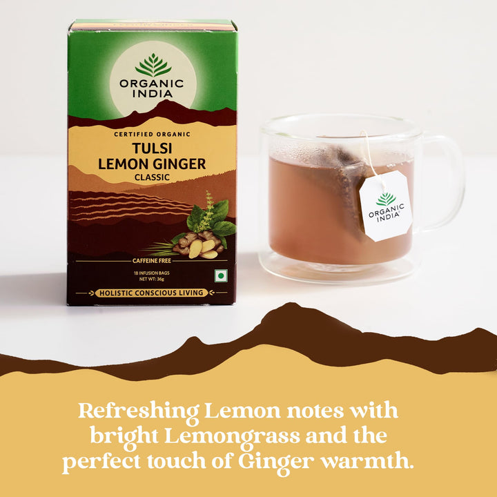 Organic India Tulsi Lemon & Ginger Tea, Caffeine-Free Herbal Tea, Certified Organic