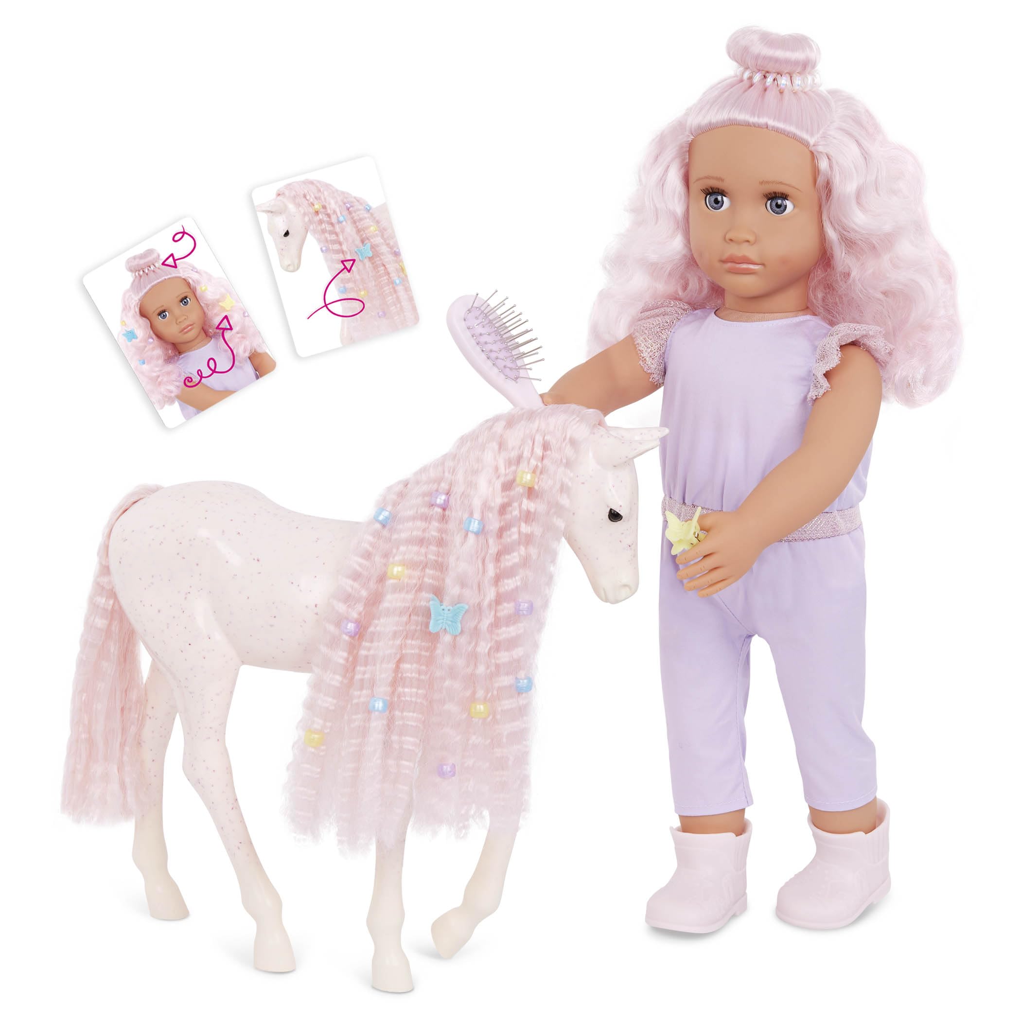 Our Generation Elara & Lumina 18-Inch Doll & Horse Foal Set with Matching Pink Hair Accessories