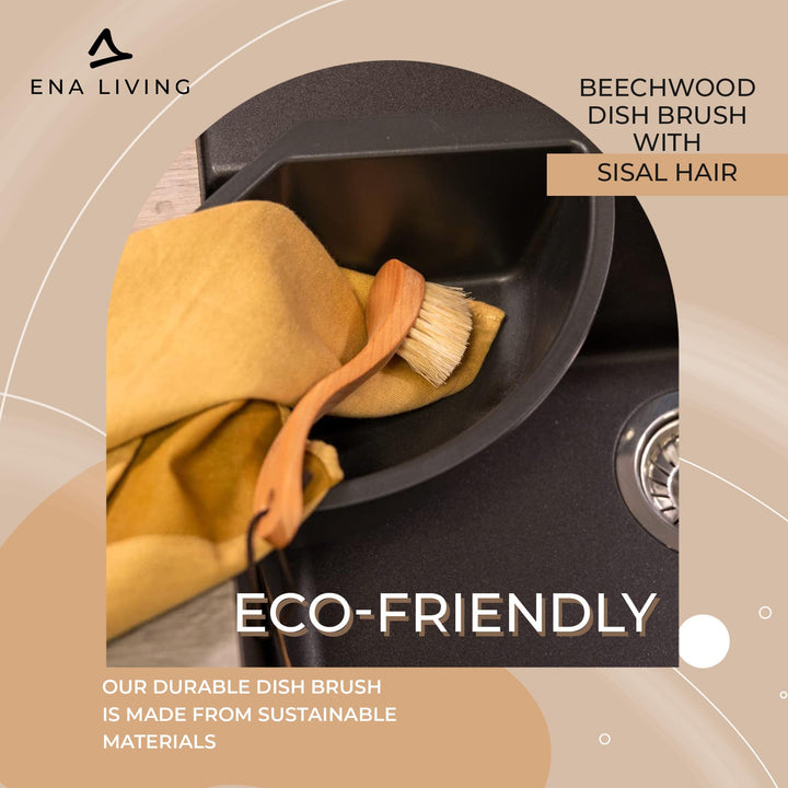 ENA Living Wooden Dish Brush (26x4 cm) | FSC-Certified Beechwood with Horsehair Bristles
