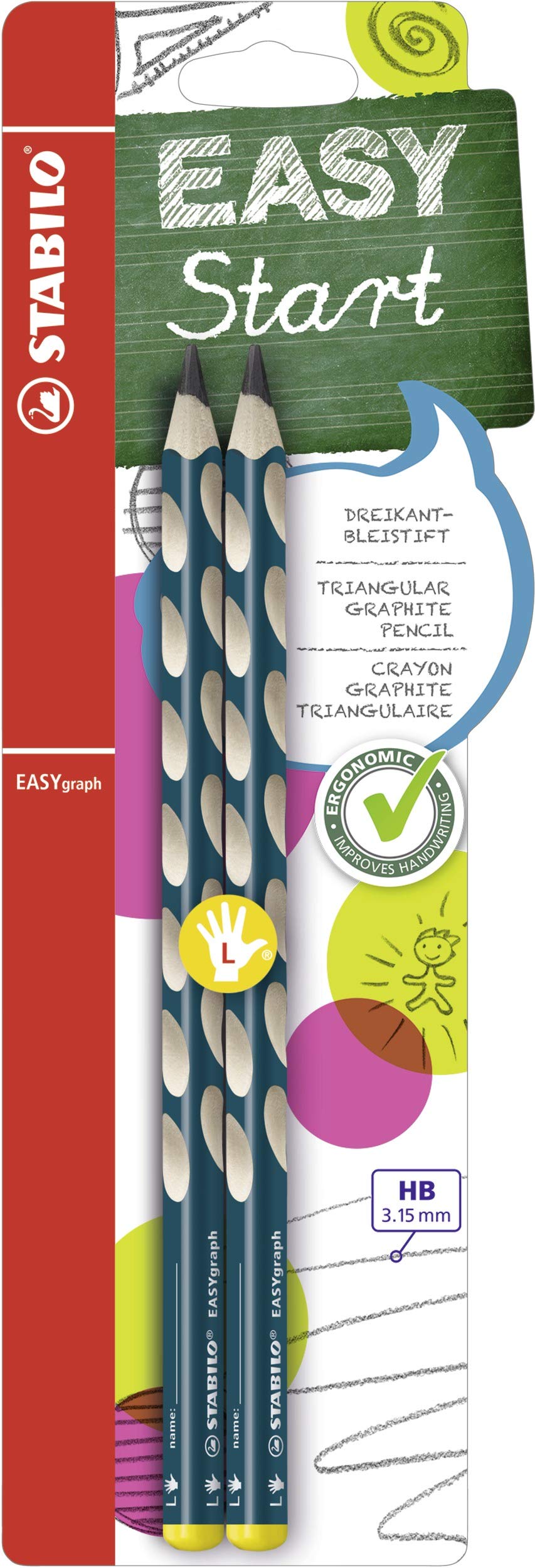 STABILO EASYgraph Ergonomic Graphite Pencil for Left-Handed Users | HB Lead | Pack of 2 | Petrol 1