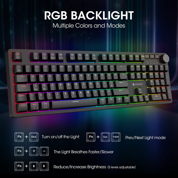 KOORUI MK104-BROWN Mechanical Gaming Keyboard – 104 Keys, 26 RGB Backlighting Effects, Pluggable Brown Switches, Anti-Ghosting, Wired for PC & Mac