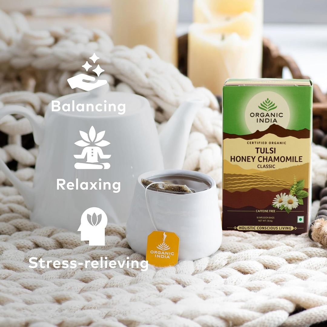Organic India Tulsi Honey Chamomile Tea, Caffeine-Free, Certified Organic, Plant-Based, 175g