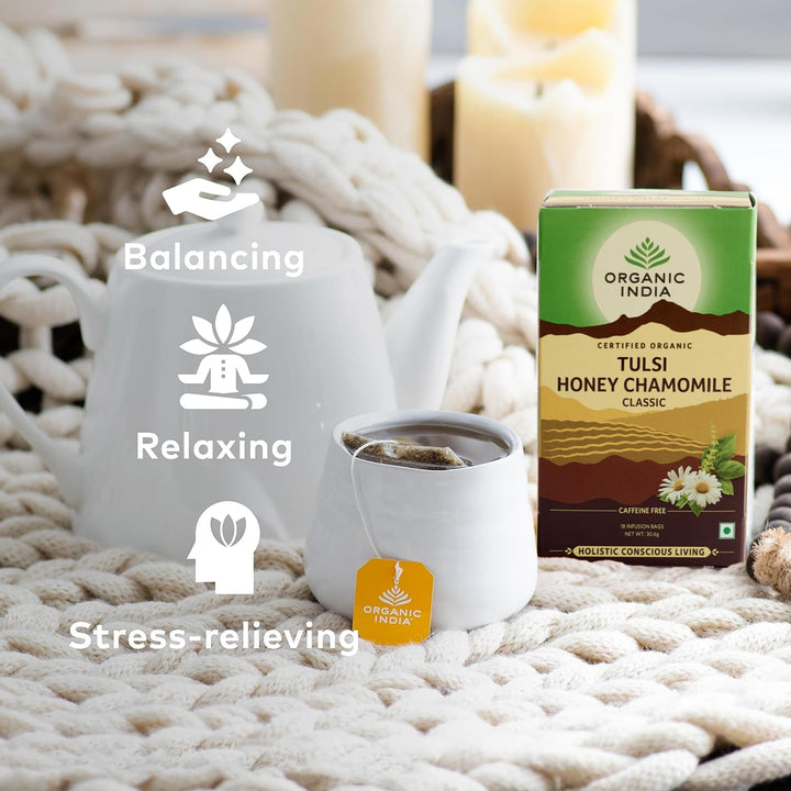 Organic India Tulsi Honey Chamomile Tea, Caffeine-Free, Certified Organic, Plant-Based, 175g