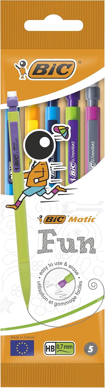 BIC Matic HB Mechanical Pencils and Eraser, Assorted Barrel Colours with Fine Point (0.7mm), Pack of 5