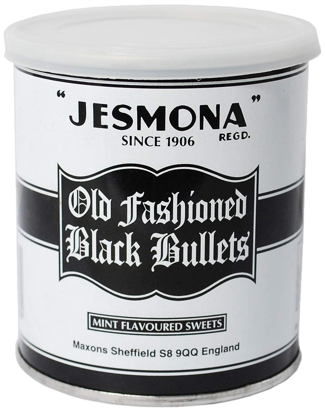 Jesmona Old Fashioned Black Bullets Mint Flavoured Sweets - Traditional Boiled Sweet | 250g Tin 1