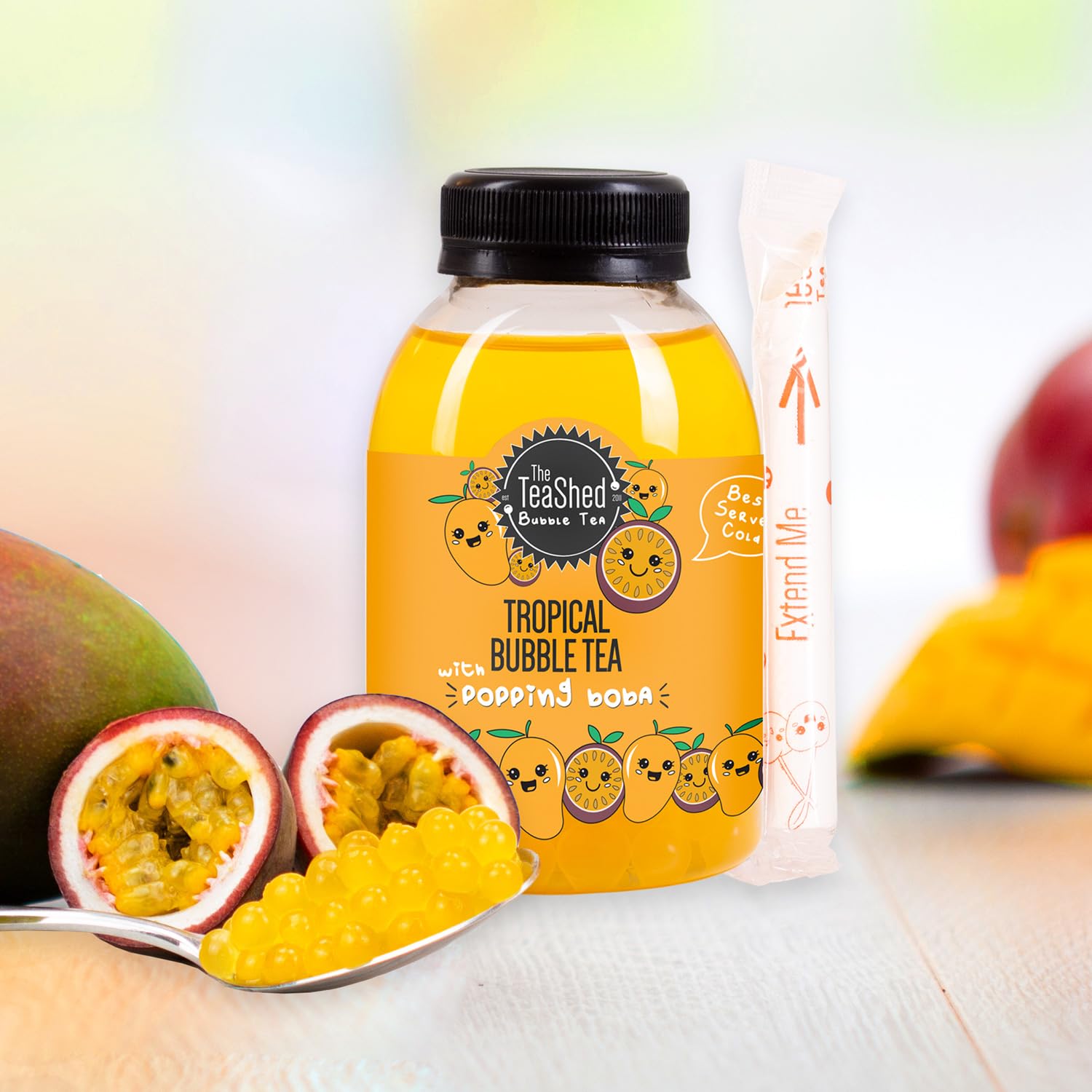 The TeaShed Ready to Drink Tropical Bubble Tea - Mango Iced Tea with Passion Fruit Boba | 250ml