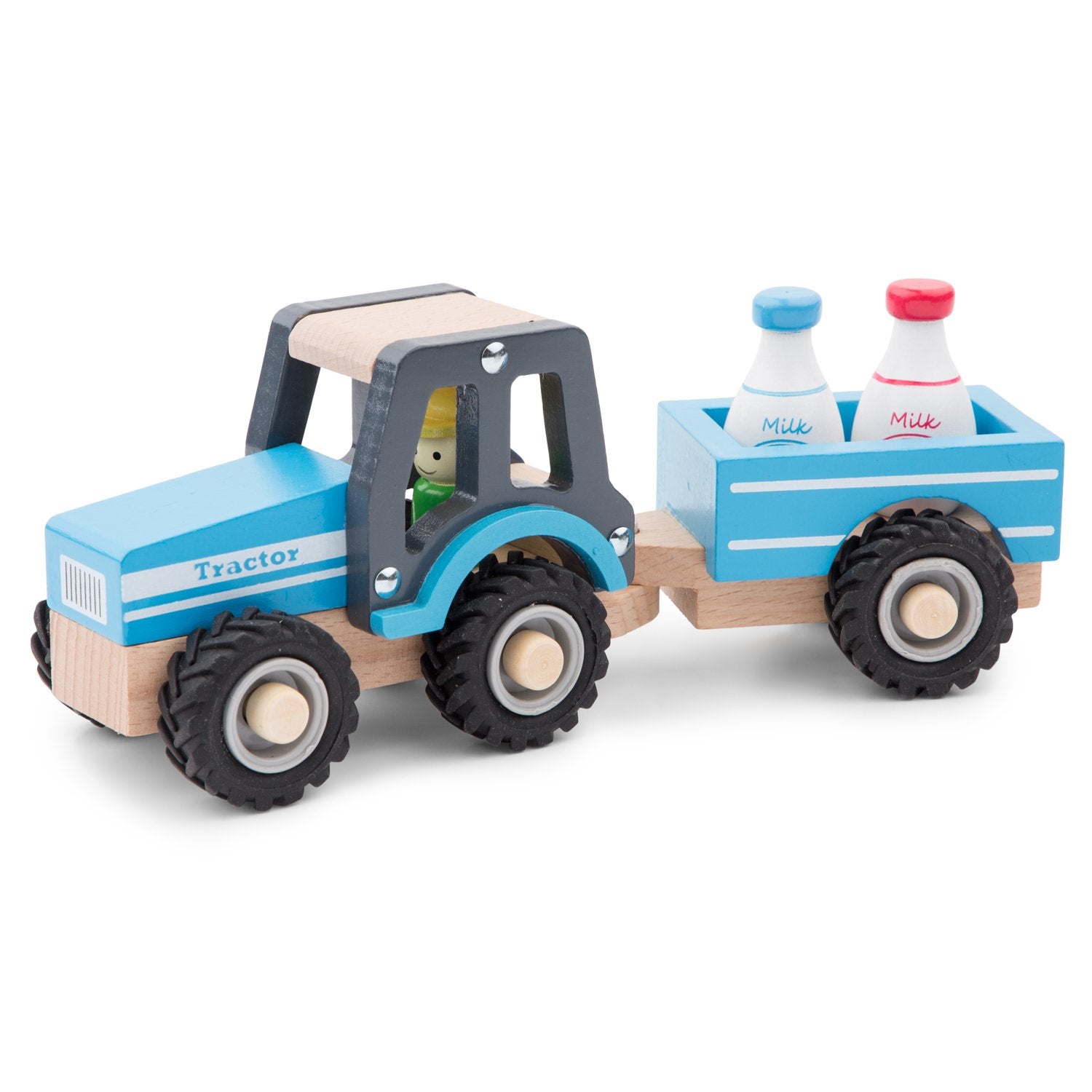 New Classic Toys Wooden Tractor with Trailer and Milk Bottles - Ages 1.5+ 1