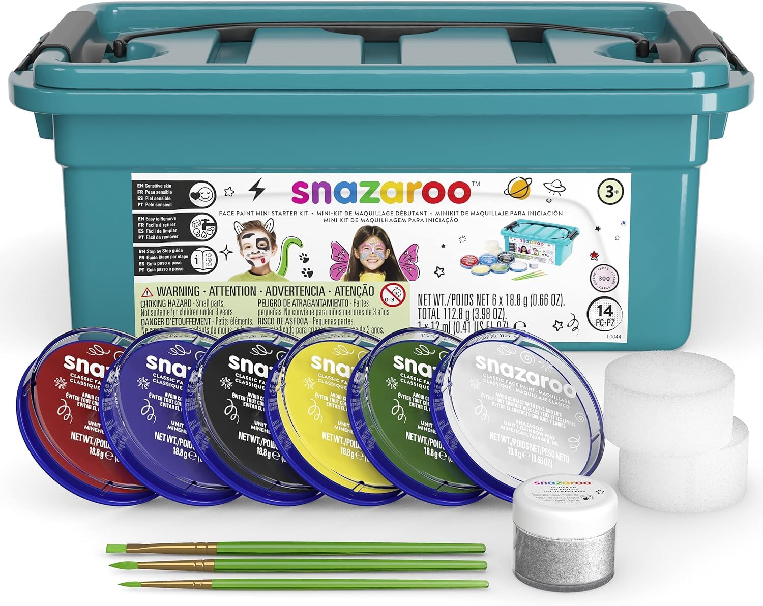 Snazaroo Face Paint Mini Starter Kit - 14 Pieces, 6 Colours, Glitter Gel | Water Based & Washable