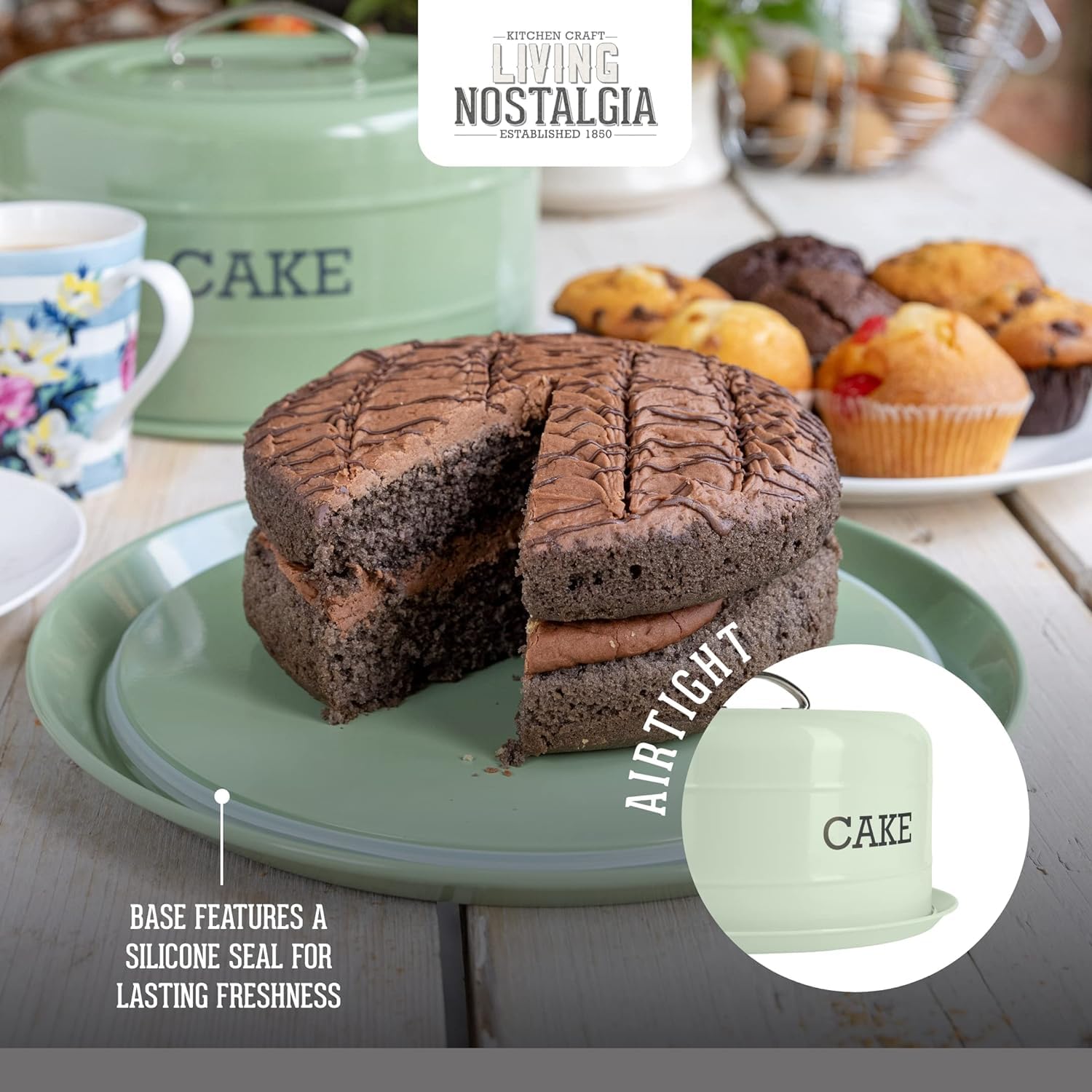 KitchenCraft Living Nostalgia Cake Storage Tin - Airtight Cake Dome, 28.5 x 18 cm, English Sage Green 7