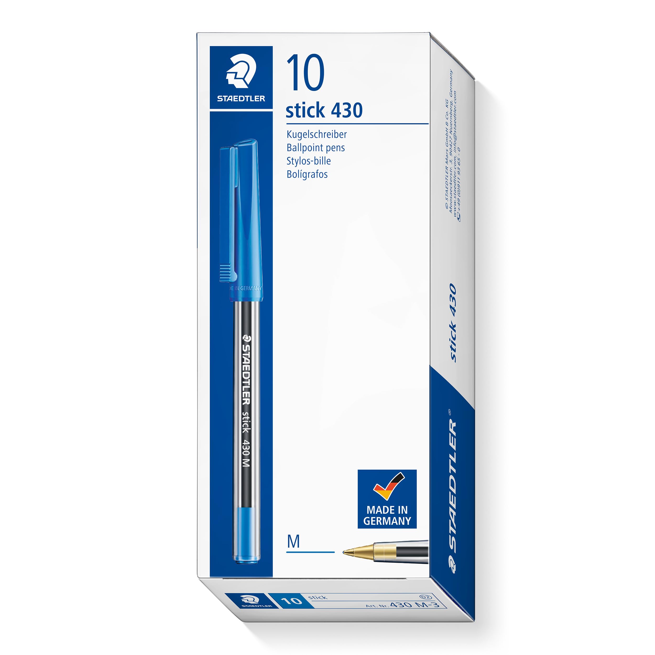 STAEDTLER Stick 430 Ballpoint Pens - Medium Point, Blue Ink | Box of 10 | Airplane Safe