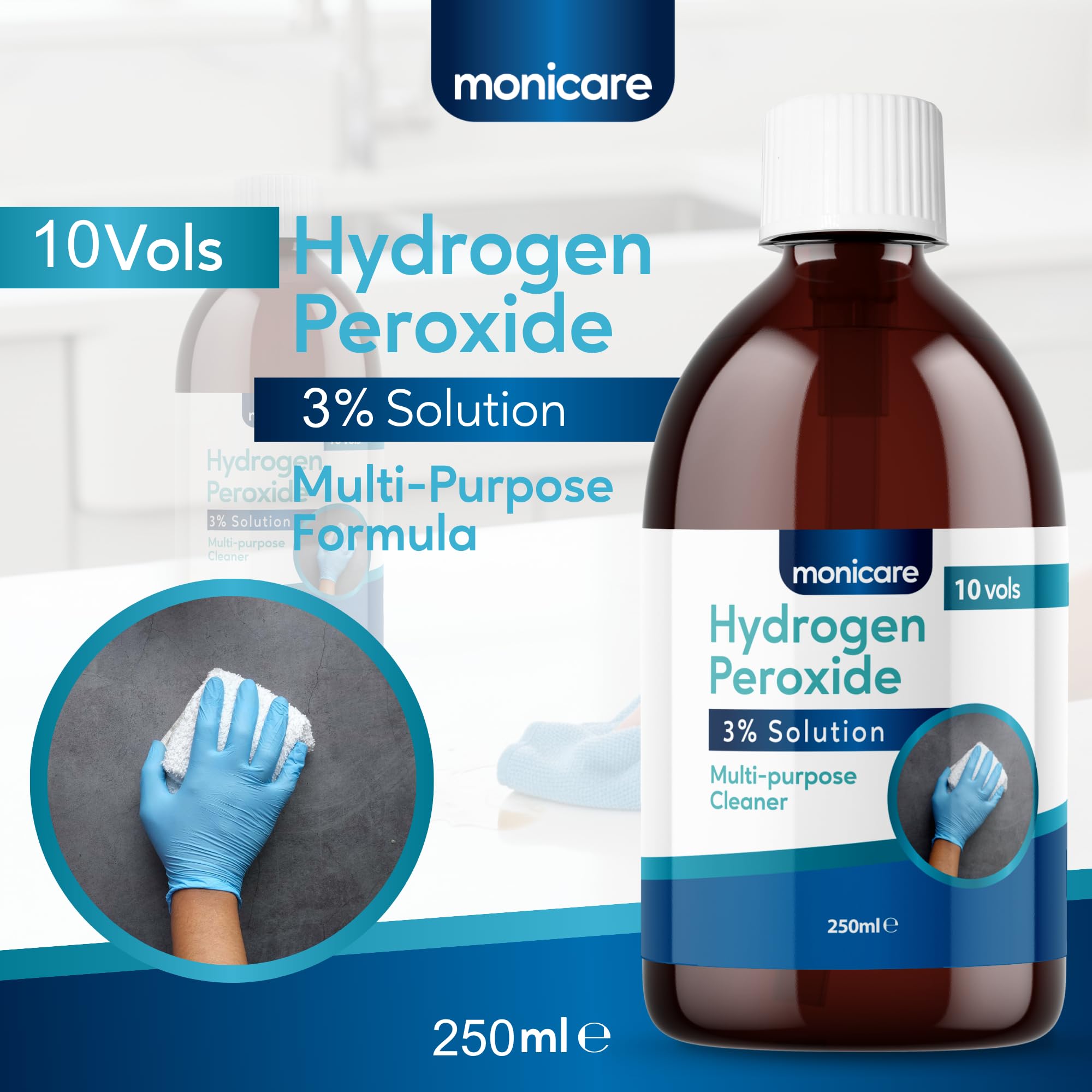 Monicare Hydrogen Peroxide 3% Multi-Purpose Cleaner - 250ml Liquid | Hospital Grade Disinfectant 2