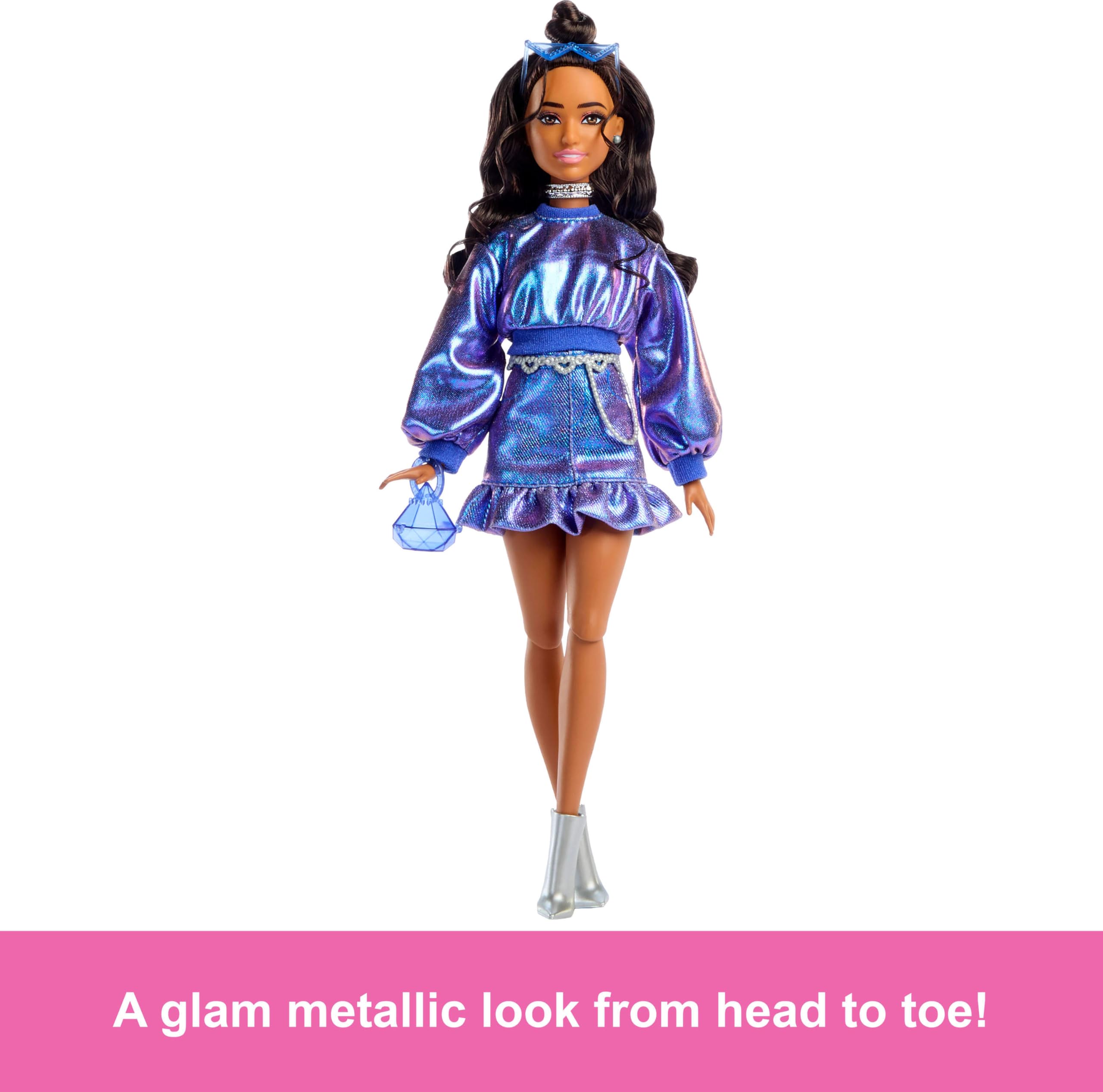 Barbie Deluxe Style Doll #7 Metallic Blue Top & Skirt with Wavy Brown Hair
