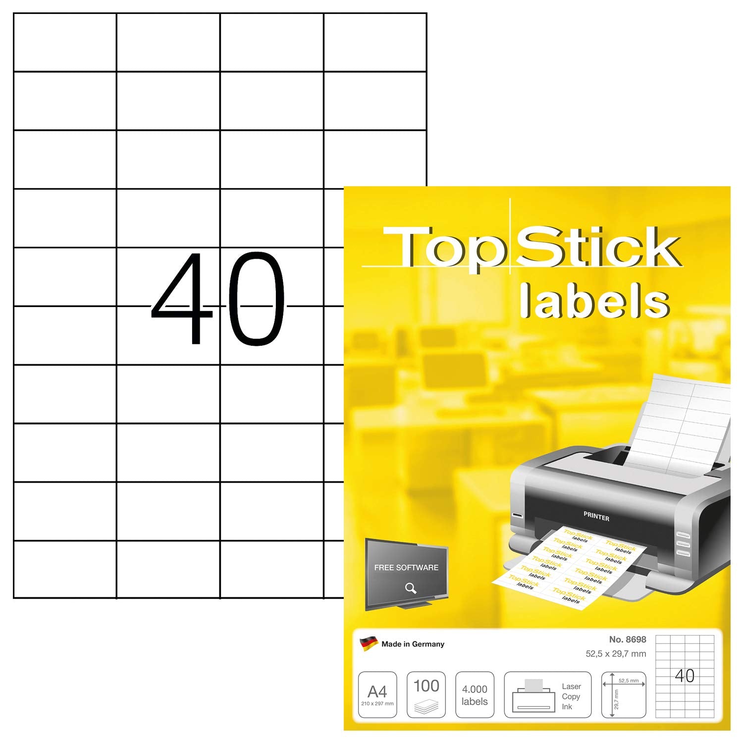 TopStick Self Adhesive Multi-Purpose Labels - 4000 Labels | 52.5 x 29.7 mm | Inkjet & Laser Compatible