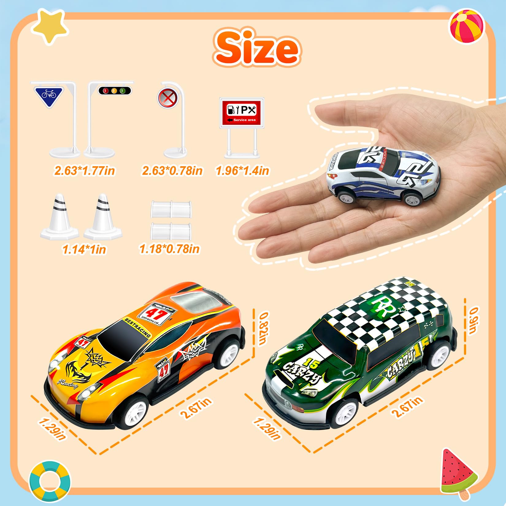 TOYABI 22Pc Metal Shell Pull-Back Race Car Set with 8 Roadblocks for Kids | Ages 3+ 5