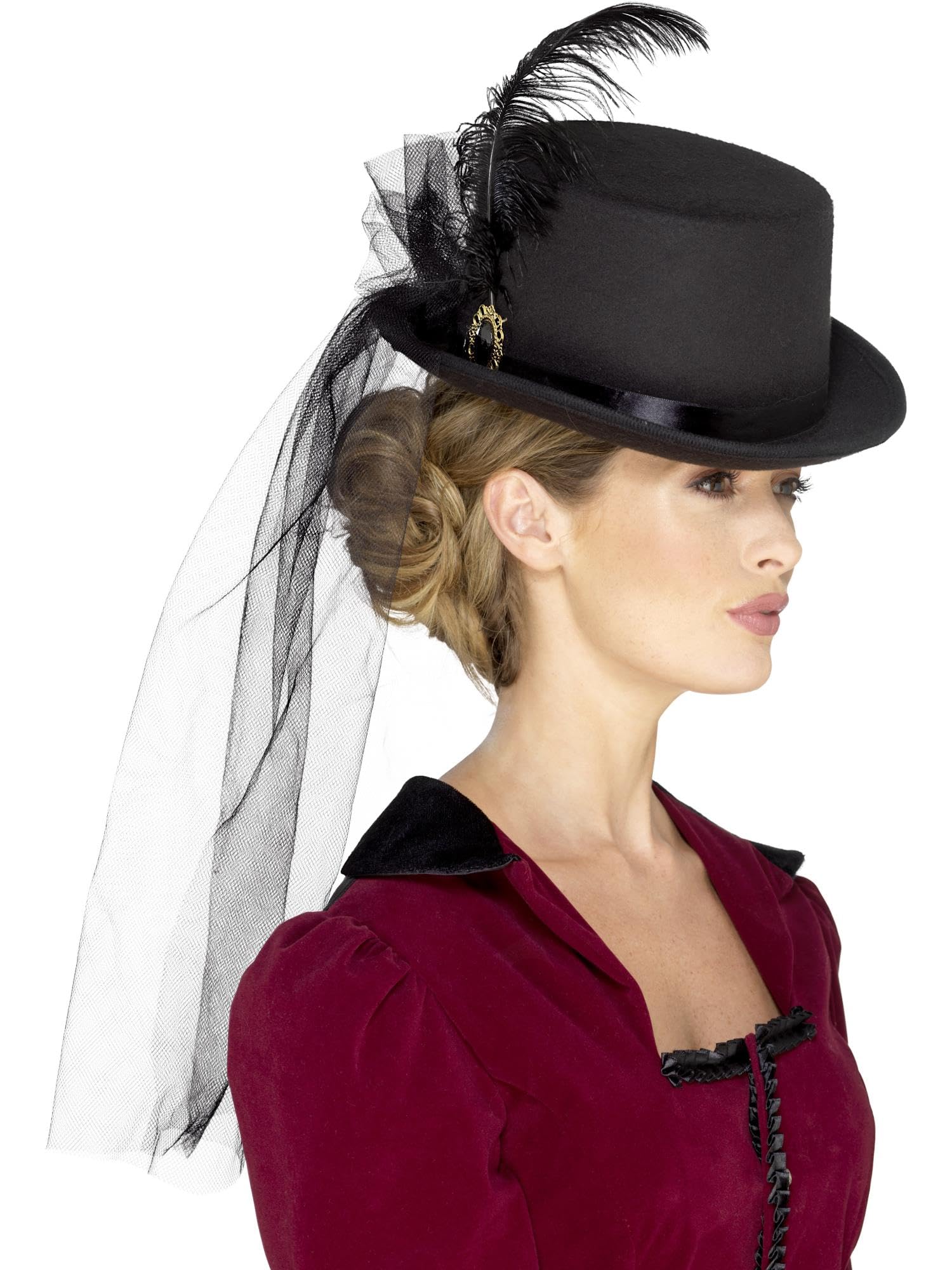 Smiffys Victorian Ladies Top Hat with Veil, Feathers & Brooch - Black Elasticated Historical Fancy Dress Hat 1