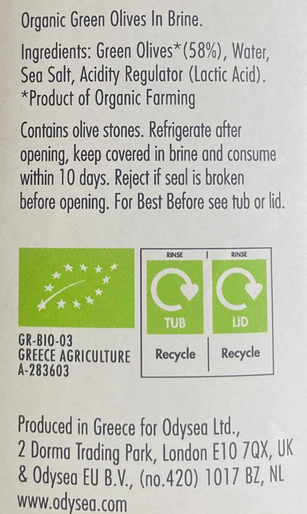 Odysea Organic Green Olives in Brine (1kg)