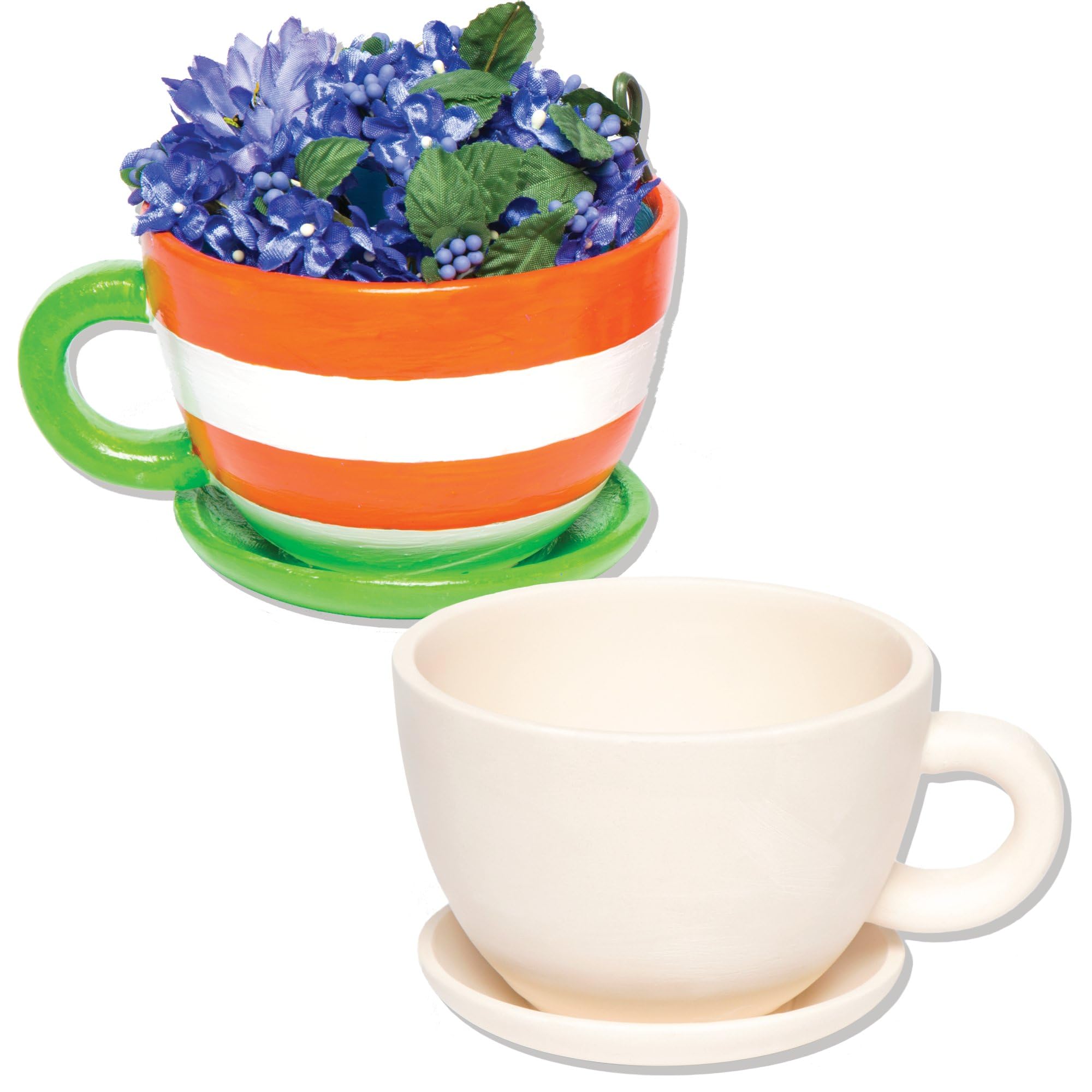 Baker Ross Paint Your Own Cup and Saucer Ceramic Plant Pots - Pack of 2 | Paintable Ceramic | Assorted Colors 1