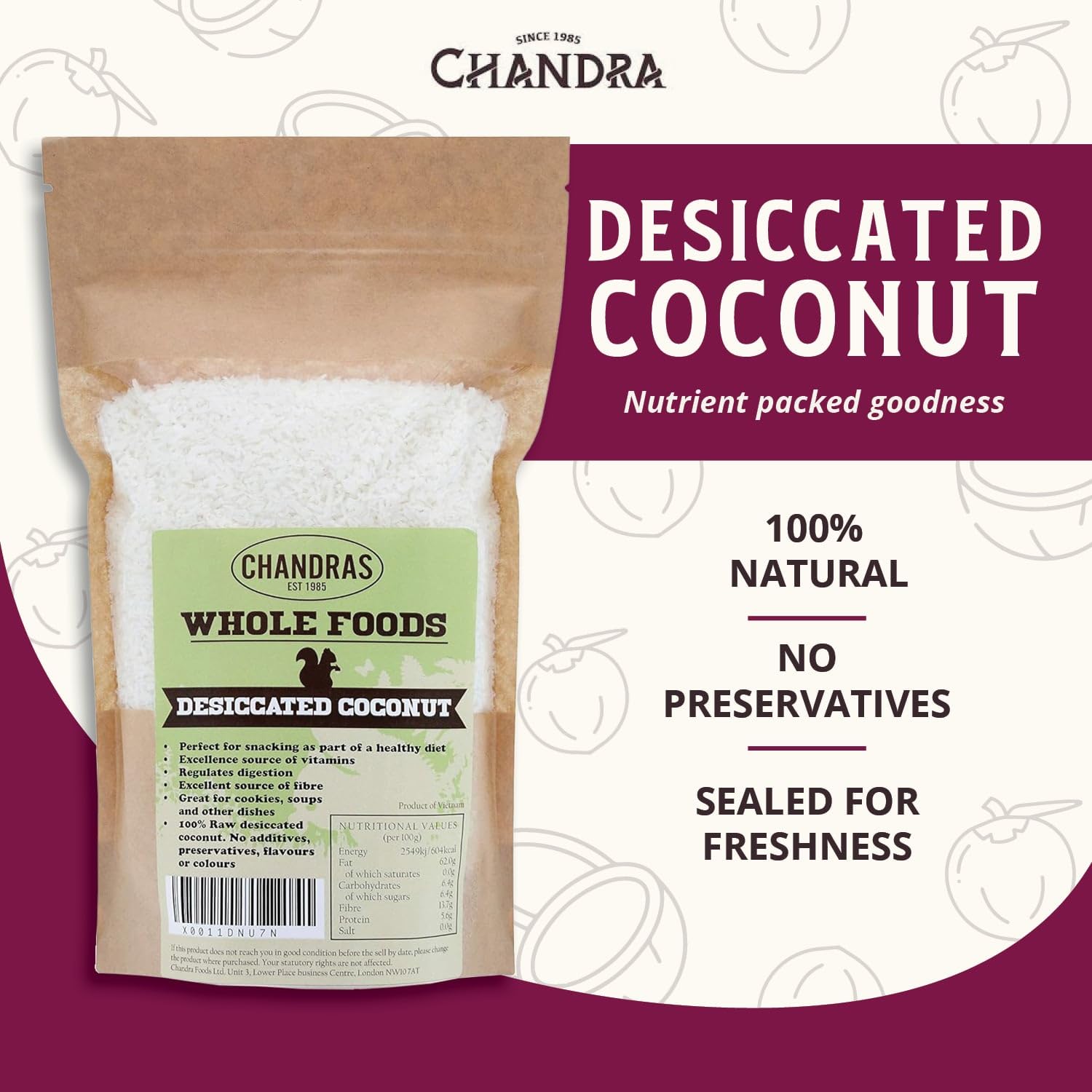 CHANDRA Desiccated Coconut Flakes - 1KG Low-GI, Gluten-Free, Vegan | Keto & Paleo Friendly 2