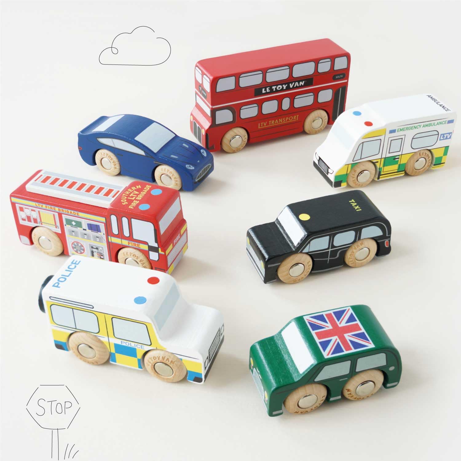 Le Toy Van Iconic Wooden London Themed Toy Car Play Set - 7 Pieces | Train Track Compatible 3