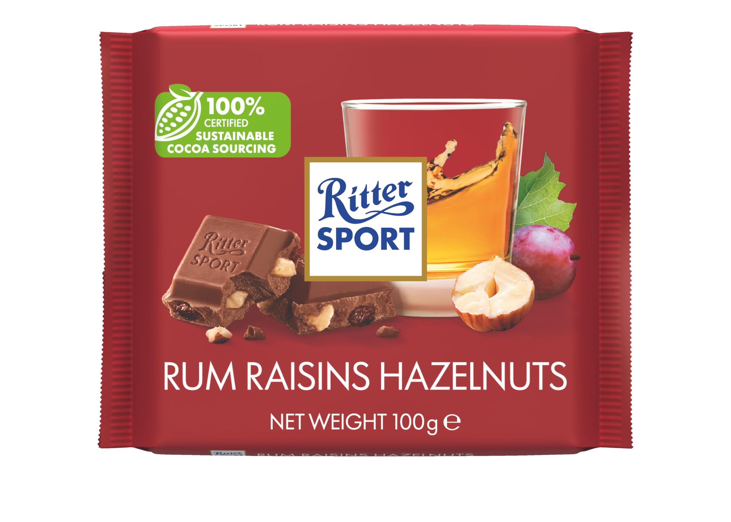 Ritter Sport Rum Raisins and Hazelnuts Milk Chocolate Bar, 100g, Case of 12 4