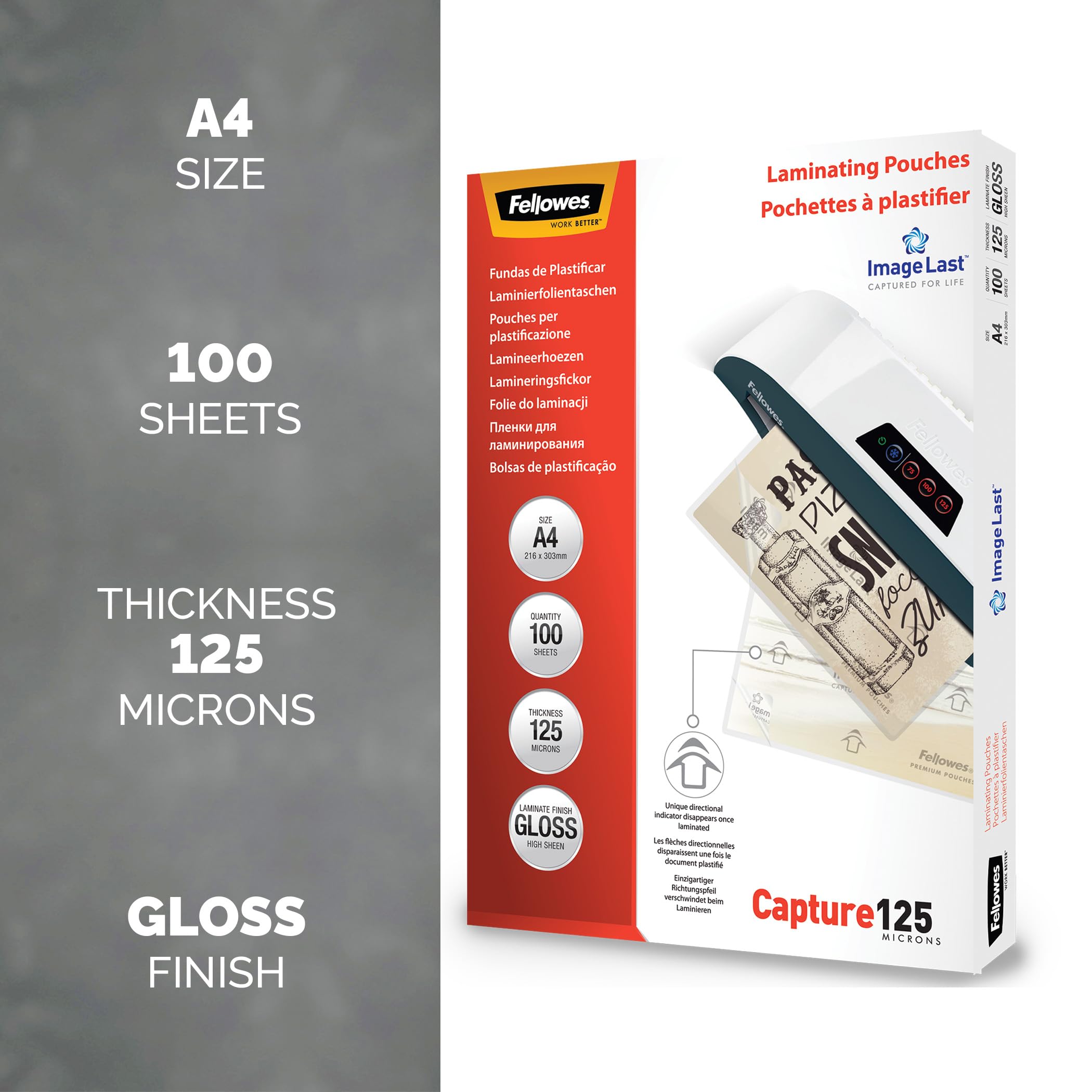 Fellowes A4 Laminating Pouches - 250 Micron (2 x 125 Micron) Gloss Finish | 100 Count 2