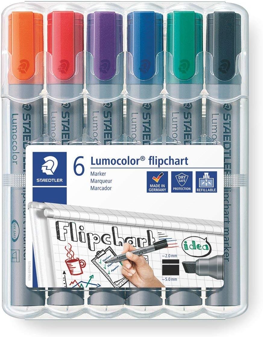 STAEDTLER 356 B WP6 Lumocolor flipchart Markers with Chisel tip in 6 Colours, Orange/red/Violet