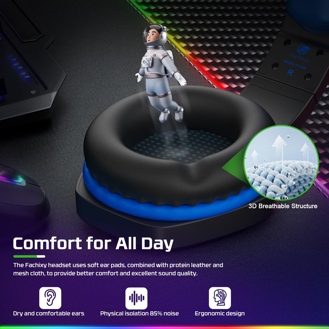 Fachixy FC-100 Gaming Headset for PS4, PS5, PC, Xbox One, Switch - RGB Lighting, 50mm Drivers, Noise-Canceling Mic