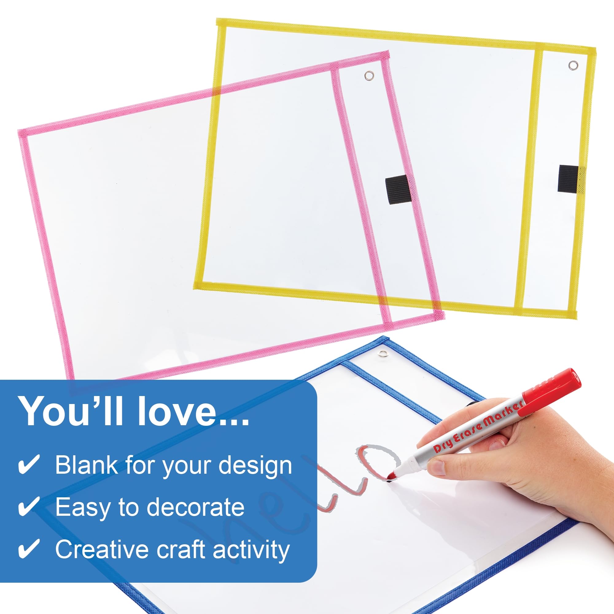 Baker Ross FN485 Reusable Dry Erase A4 Pockets - Pack of 6 | Wipe Clean Surface | Assorted Colours 3
