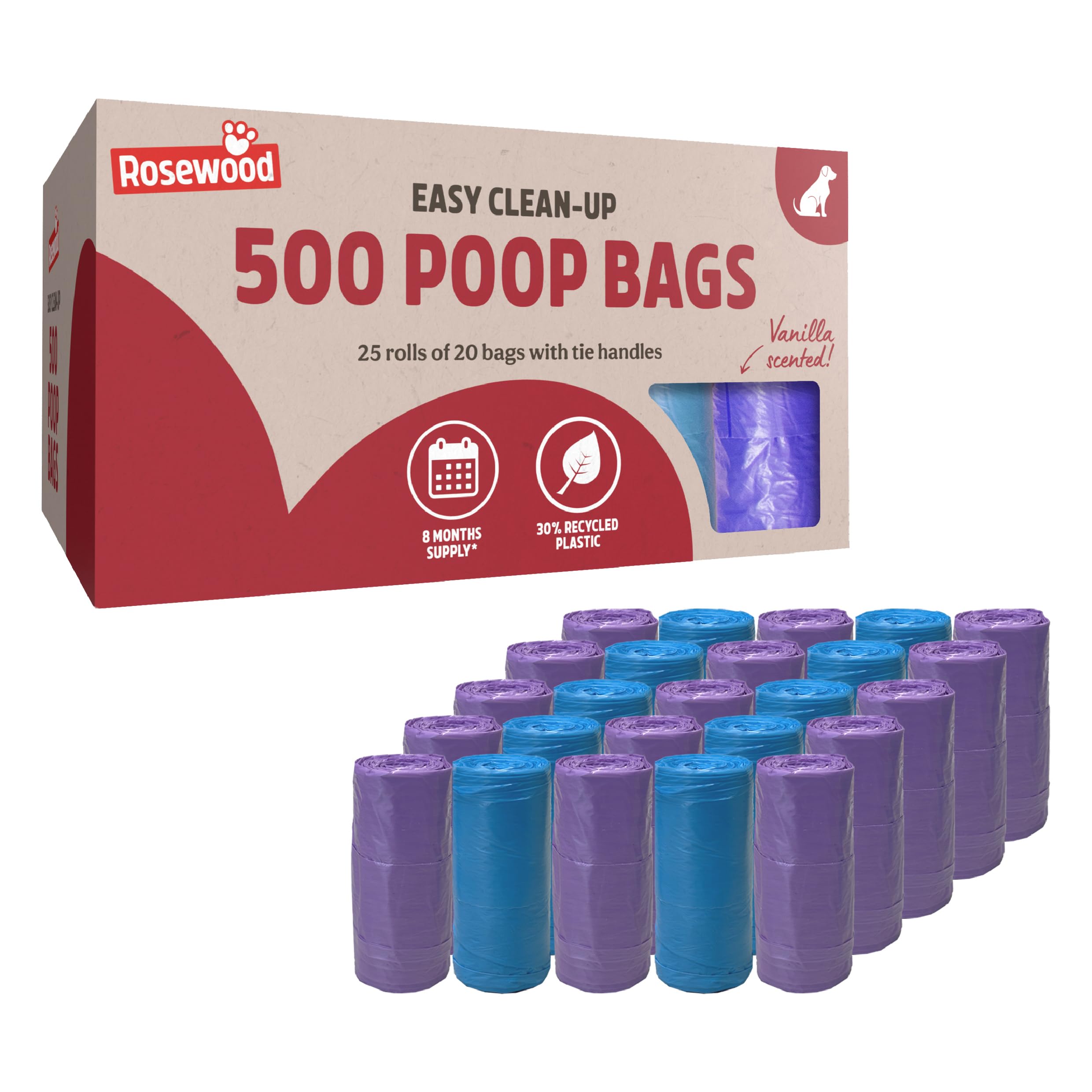 Rosewood Dog Poo Bags with Handles - 500 Bags | Vanilla Scented | Made with Recycled Plastic 1