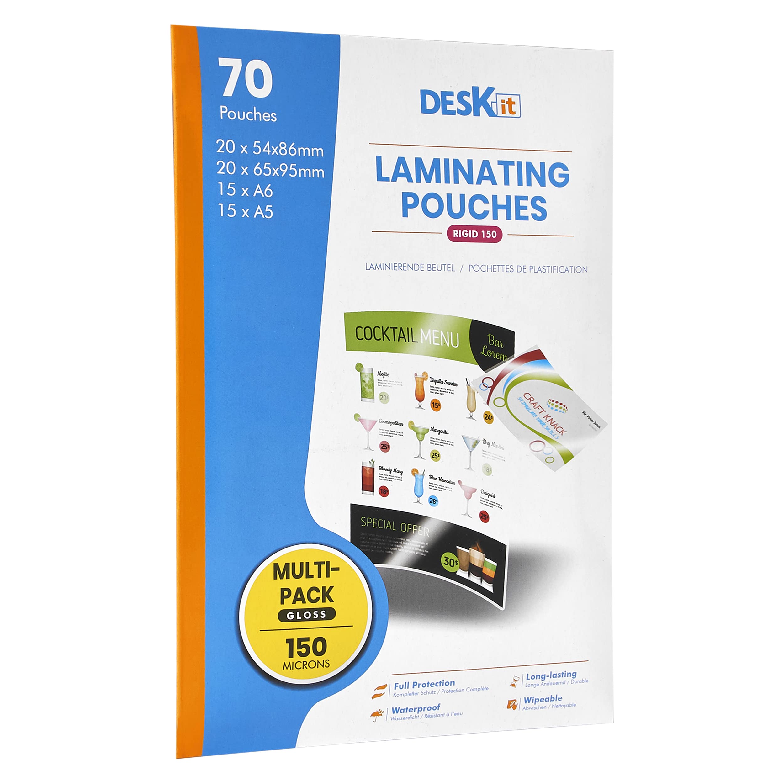 deskit Laminating Pouches - 150 Microns Glossy Multipack | A5, A6, 65x95mm, 54x86mm 4