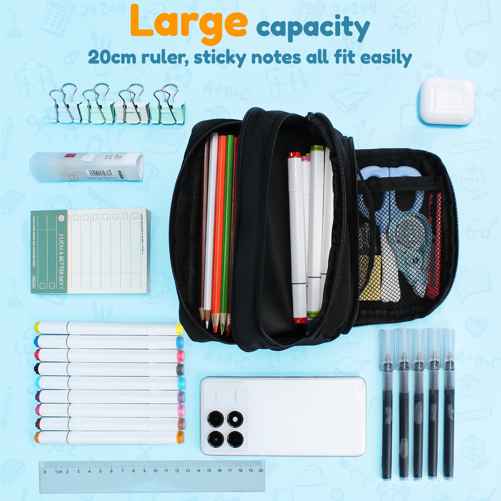 Euqvunn Black Pencil Case - Large Capacity 3 Compartment Organizer | 21x8x13CM | Polyester 3