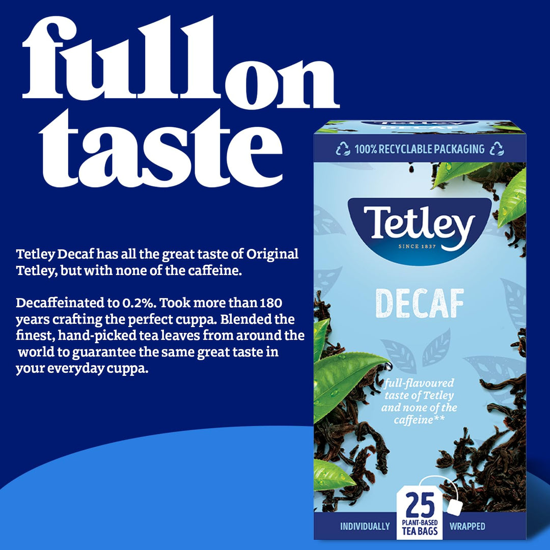 Tetley - Everyday Original Decaf Black Tea Bags - Smooth Decaf Blend - Rainforest Alliance Certified - 150 Enveloped Teabags (6x25 Pack)