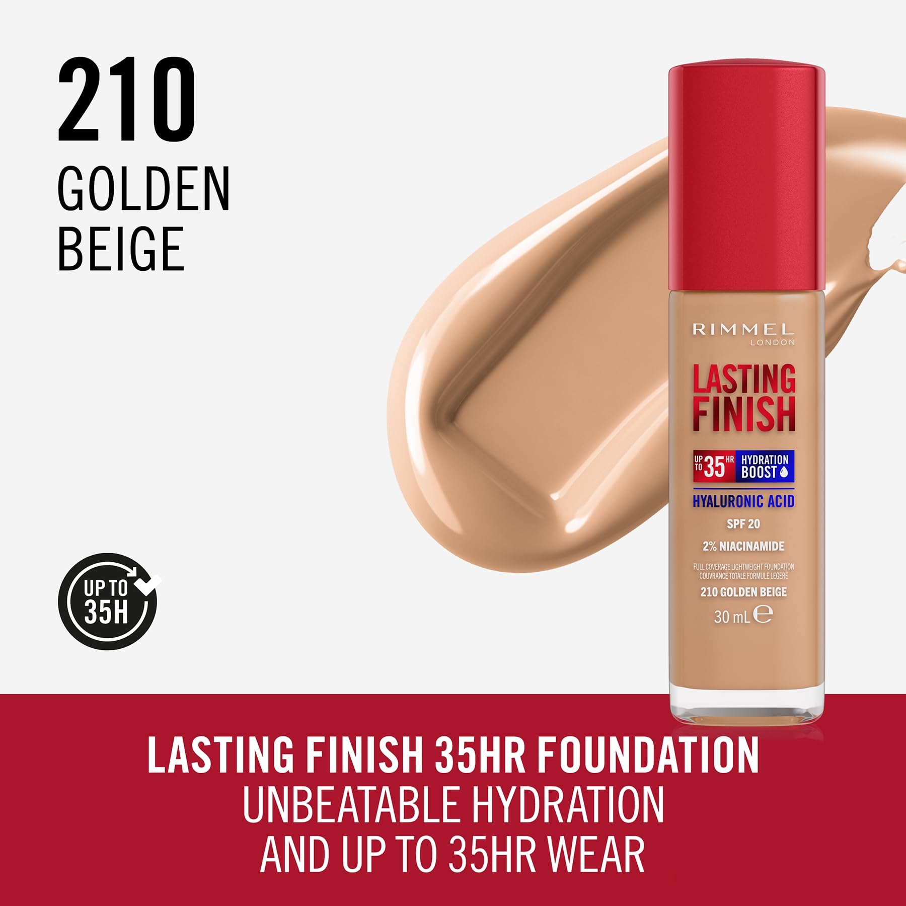 Rimmel - Lasting Finish 35Hr Foundation (30ml) - 210 Golden Beige, Full Coverage, Hydrating, SPF20, Vegan & Cruelty Free 3