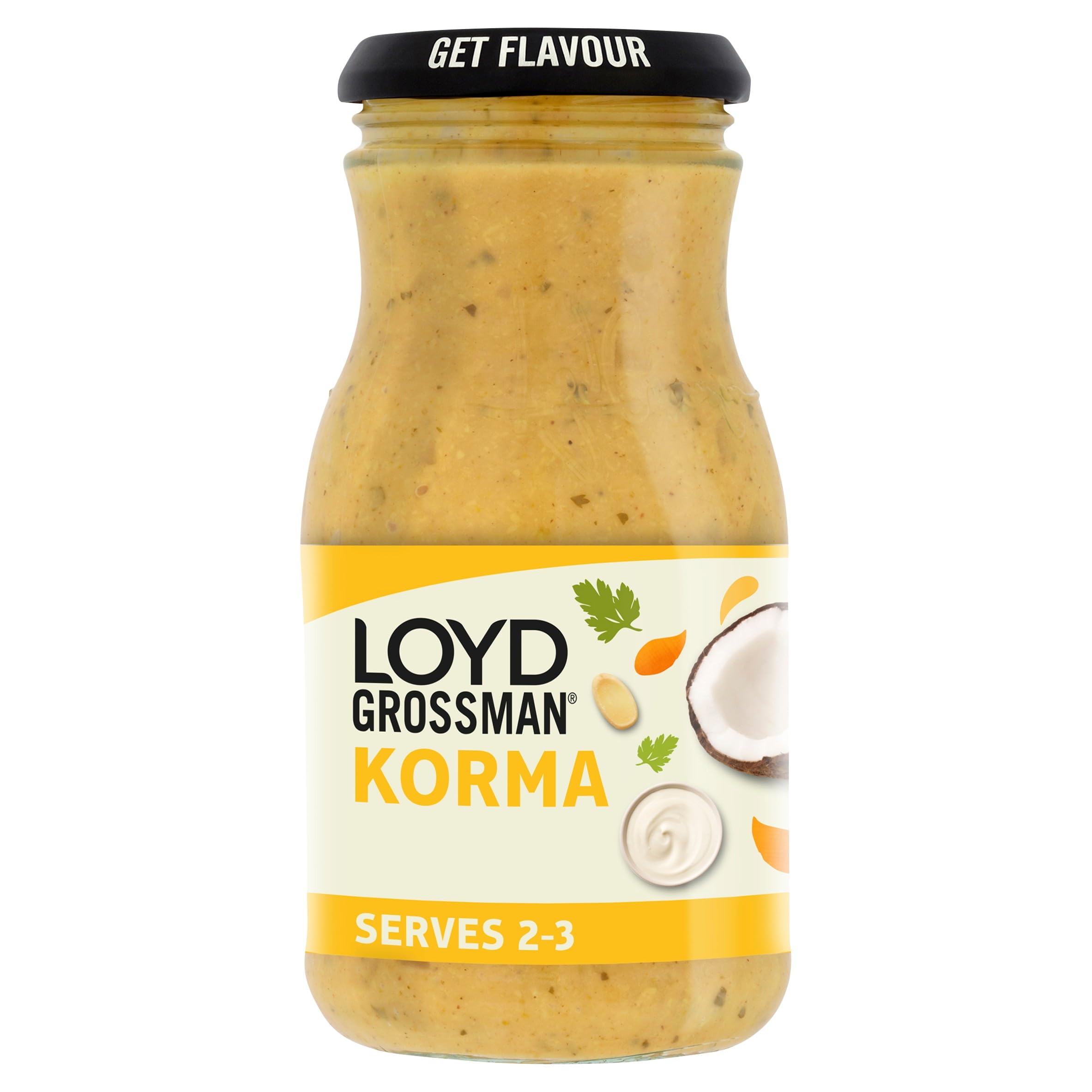 Loyd Grossman Indian Korma Sauce - Mild Creamy Blend with Coconut & Almonds | 350g Jar