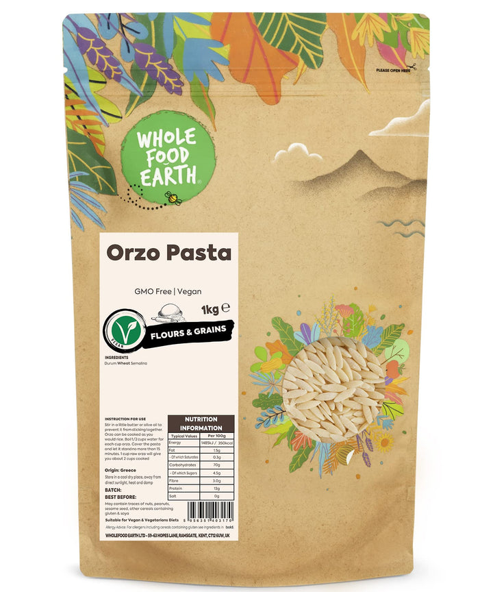 Wholefood Earth Orzo Pasta 1 kg - GMO-Free Short-Cut Rice-Shaped Pasta