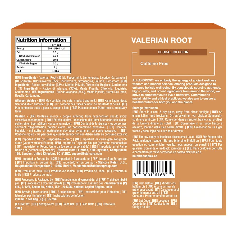 HANDPICK Valerian Root Tea Bags (Valeriana) 50 Count | Non-GMO, Caffeine-Free Herbal Tea