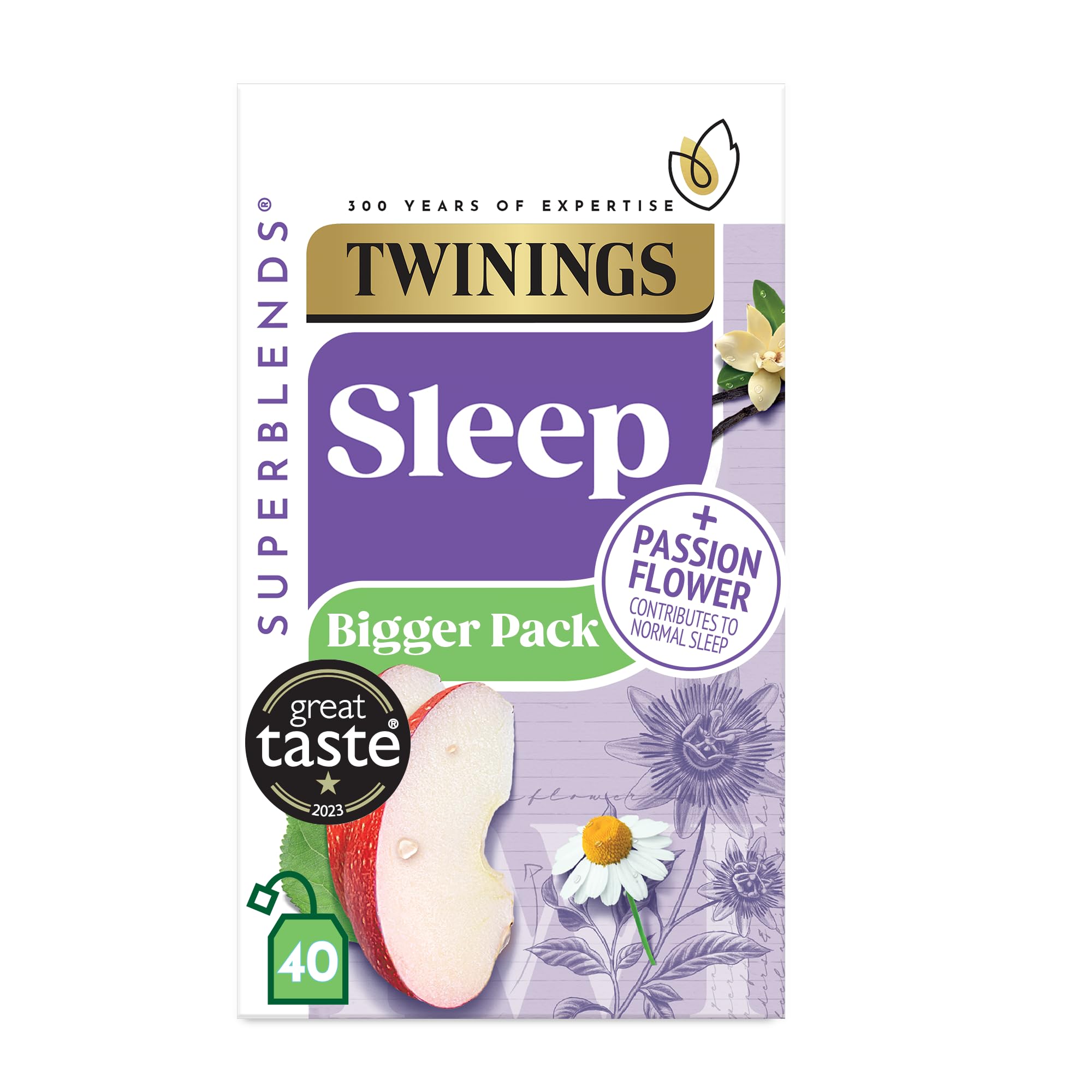 Twinings Superblends Schlaftee – Gewürzter Apfel-Vanille-Kräutertee mit Kamille und Passionsblume – 40 biologisch abbaubare Teebeutel