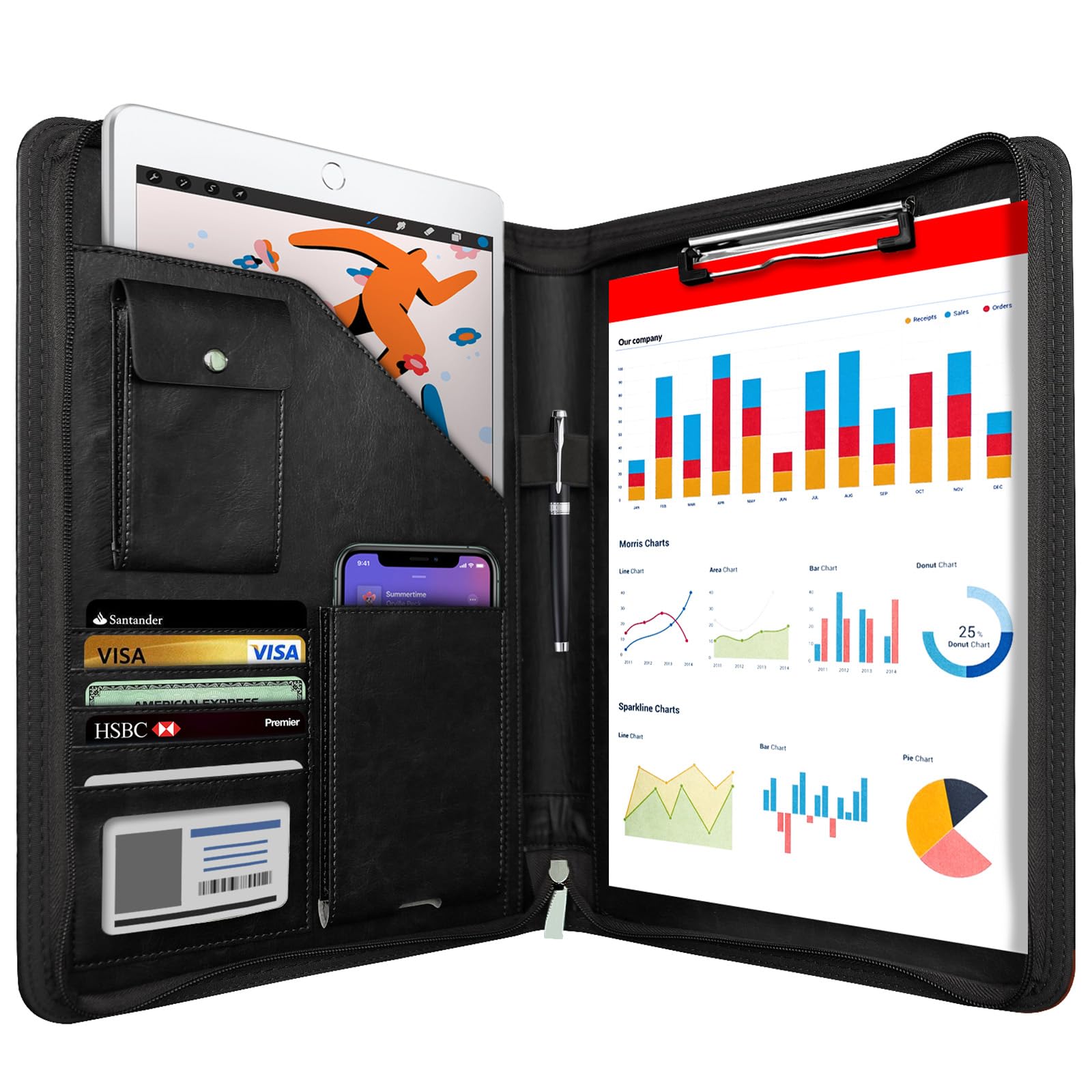 NEWYES A4 Zippered PU Leather Travel Portfolio - Black, Waterproof | 5 Card Slots, Pen Holder 1