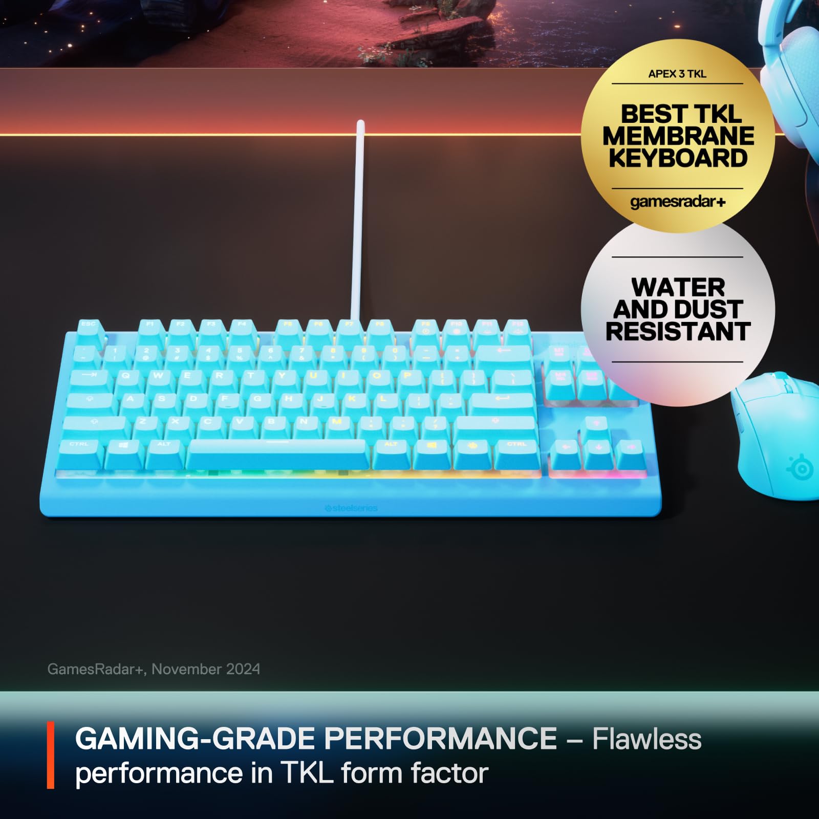 SteelSeries Apex 3 TKL Gaming Keyboard - Tenkeyless, Aqua, RGB Illumination | USB