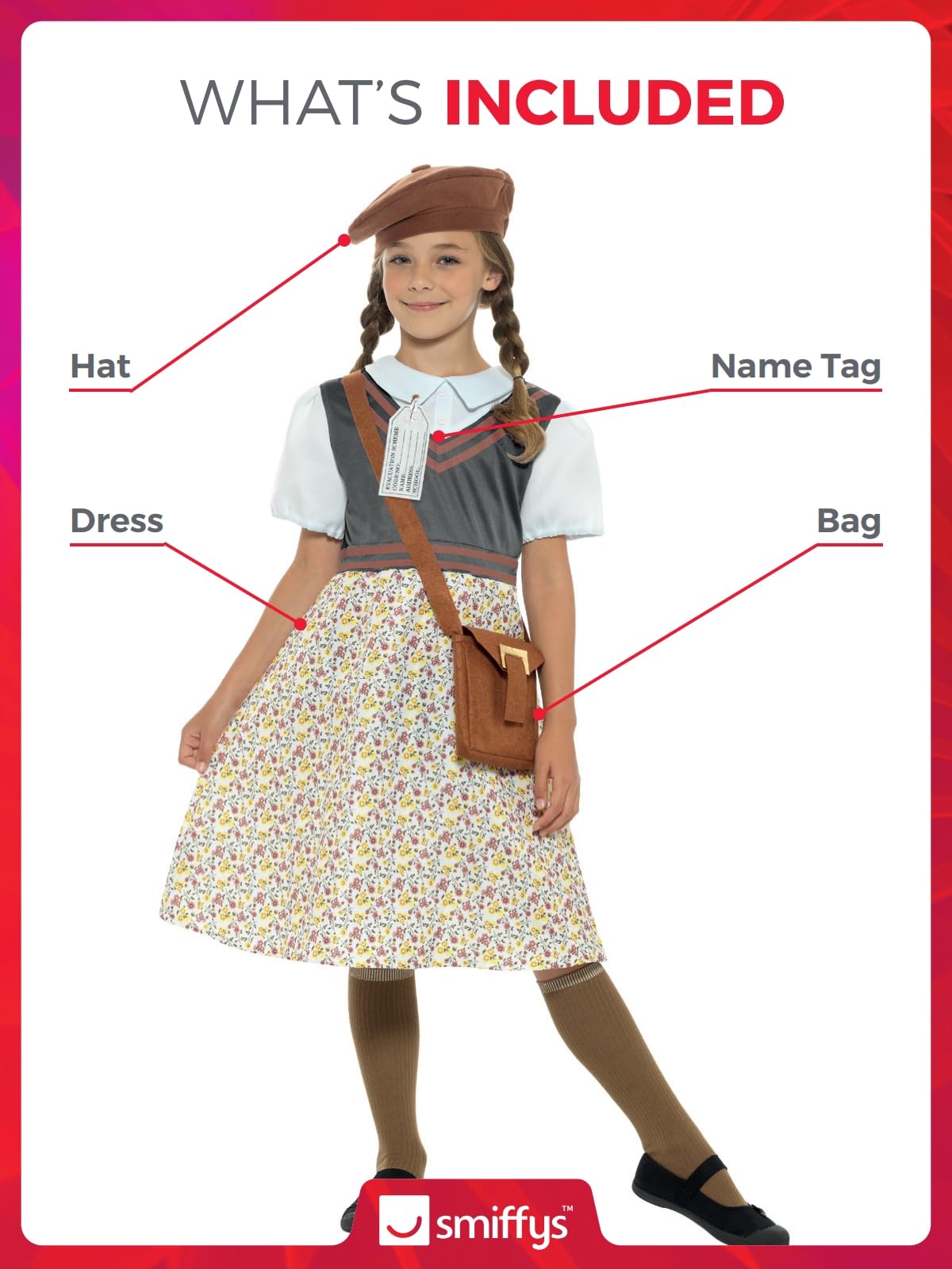 Smiffys Evacuee School Girl Costume - Dress, Hat, Bag & Name Tag for Girls 4