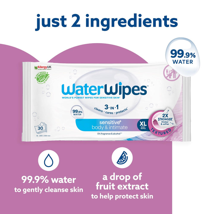 WaterWipes Sensitive+ Body & Intimate Wipes, 90 Wipes (3 Packs) - 3-in-1 Cleansing, Plastic-Free*, Plant-Based Wipes