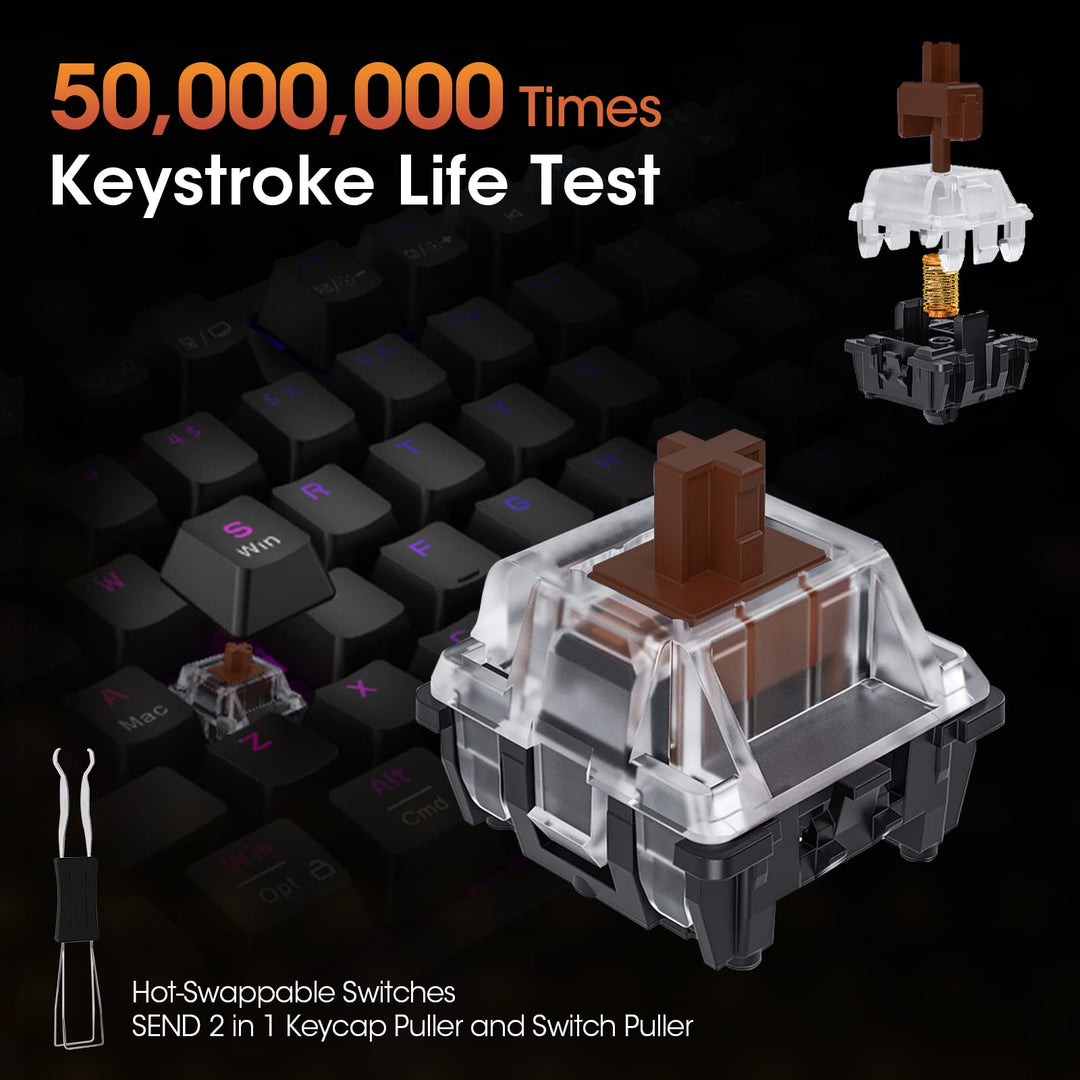 KOORUI MK104-BROWN Mechanical Gaming Keyboard – 104 Keys, 26 RGB Backlighting Effects, Pluggable Brown Switches, Anti-Ghosting, Wired for PC & Mac