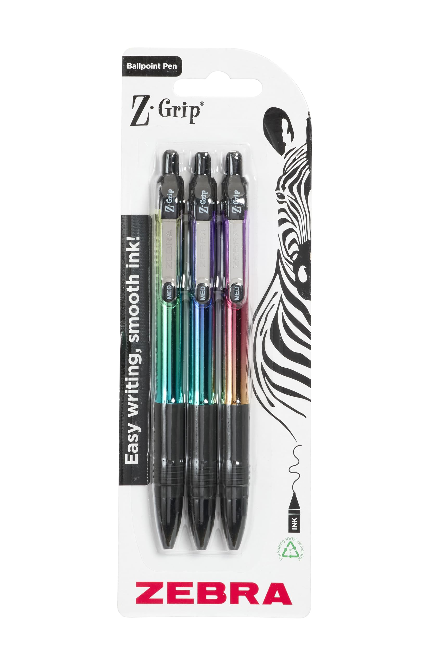 Zebra Pen Z-GRIP Smooth Elegance Metallic Ballpoint Pens - Black Ink, 1.0mm Medium Point, 3 Pack