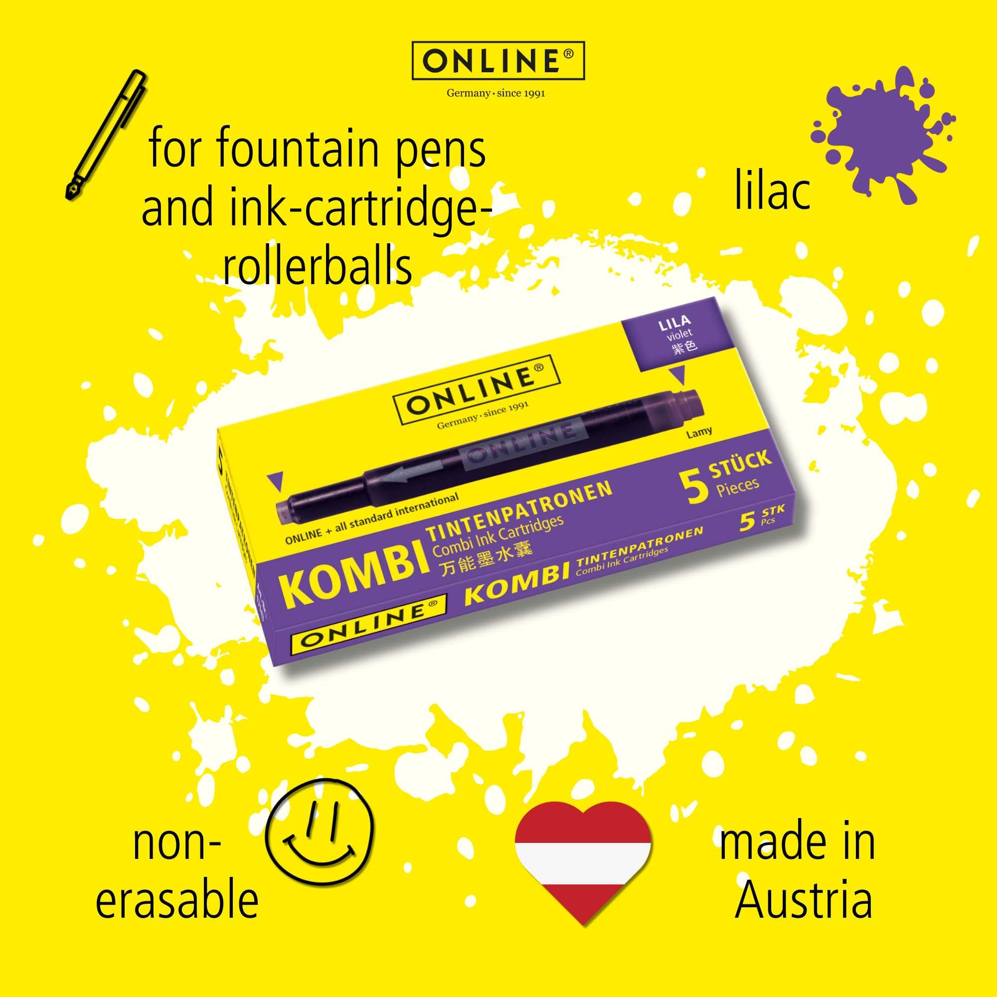 Online Universal Double-Sided Fountain Pen Refills - 5 Lilac Cartridges | Compatible with Lamy 3
