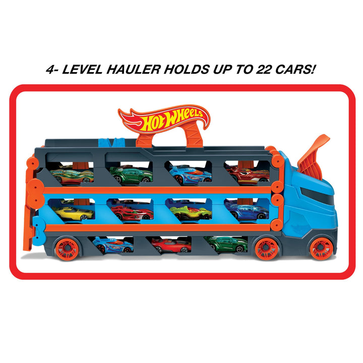 Hot Wheels Speedway Hauler - 3-in-1 Storage Carrier with 6-Foot Drag Race Track & 3 Cars for Kids 4-8 Years