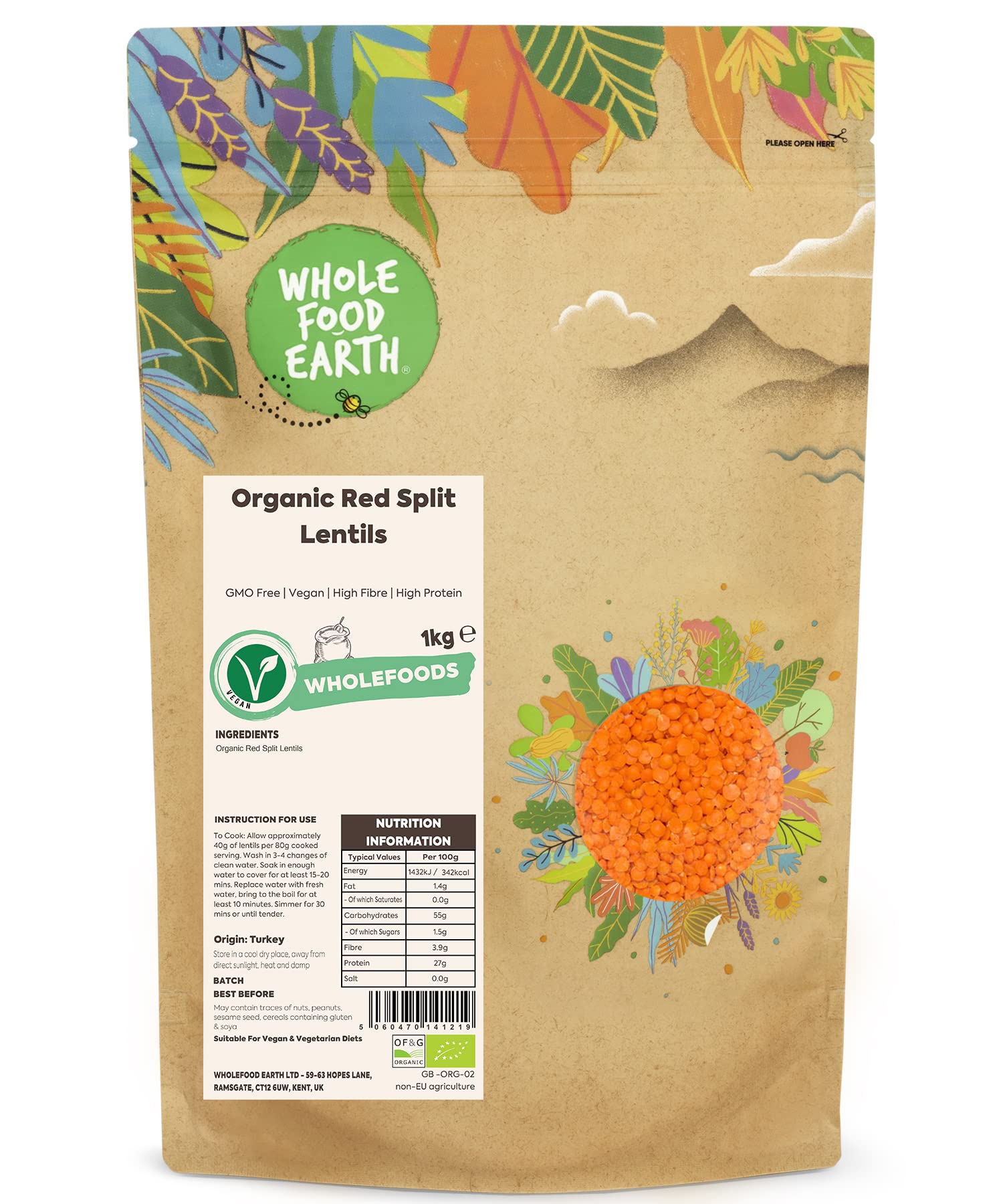 Wholefood Earth Organic Red Split Lentils - High Protein & Fibre | 1 kg Pack