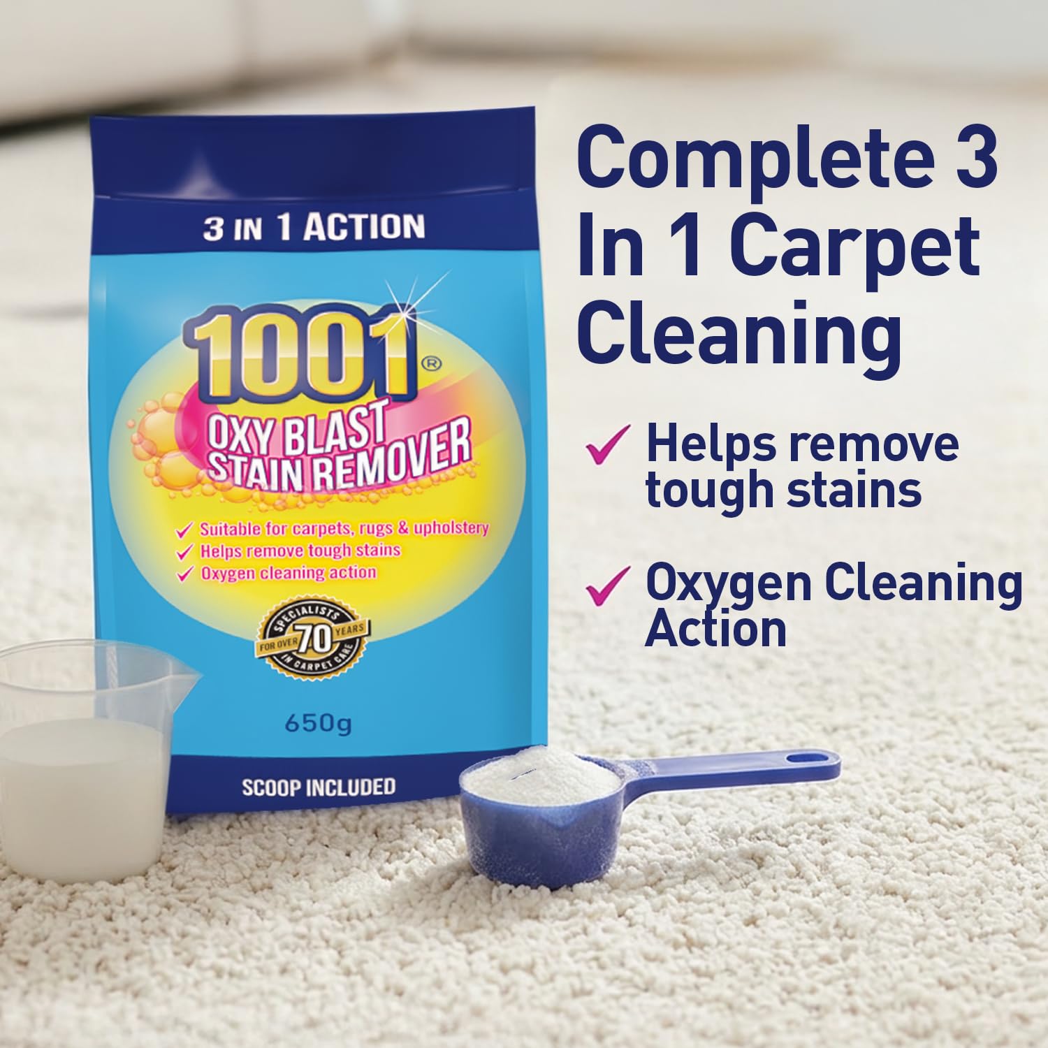 1001 Oxyblast 3-in-1 Carpet Stain Remover Powder - Oxygen Cleaning Action | 650g Pack 3