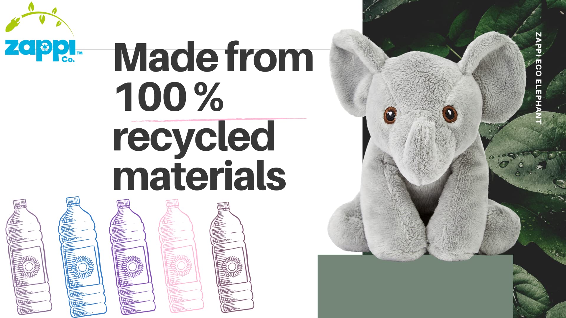 Zappi Co Recycled Plush Elephant - 100% Recycled Eco-Friendly Stuffed Animal Toy 7