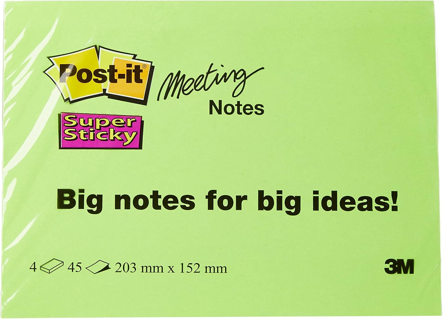 Post-it, Coloured Sticky Notes Neon Colours: Green, Yellow, Pink and Orange, Large Memo Pad for Meeting Note Taking and Brainstorming, 4 pads of 45 Sheets, Extra Large Post it Notes 200 x 149 mm